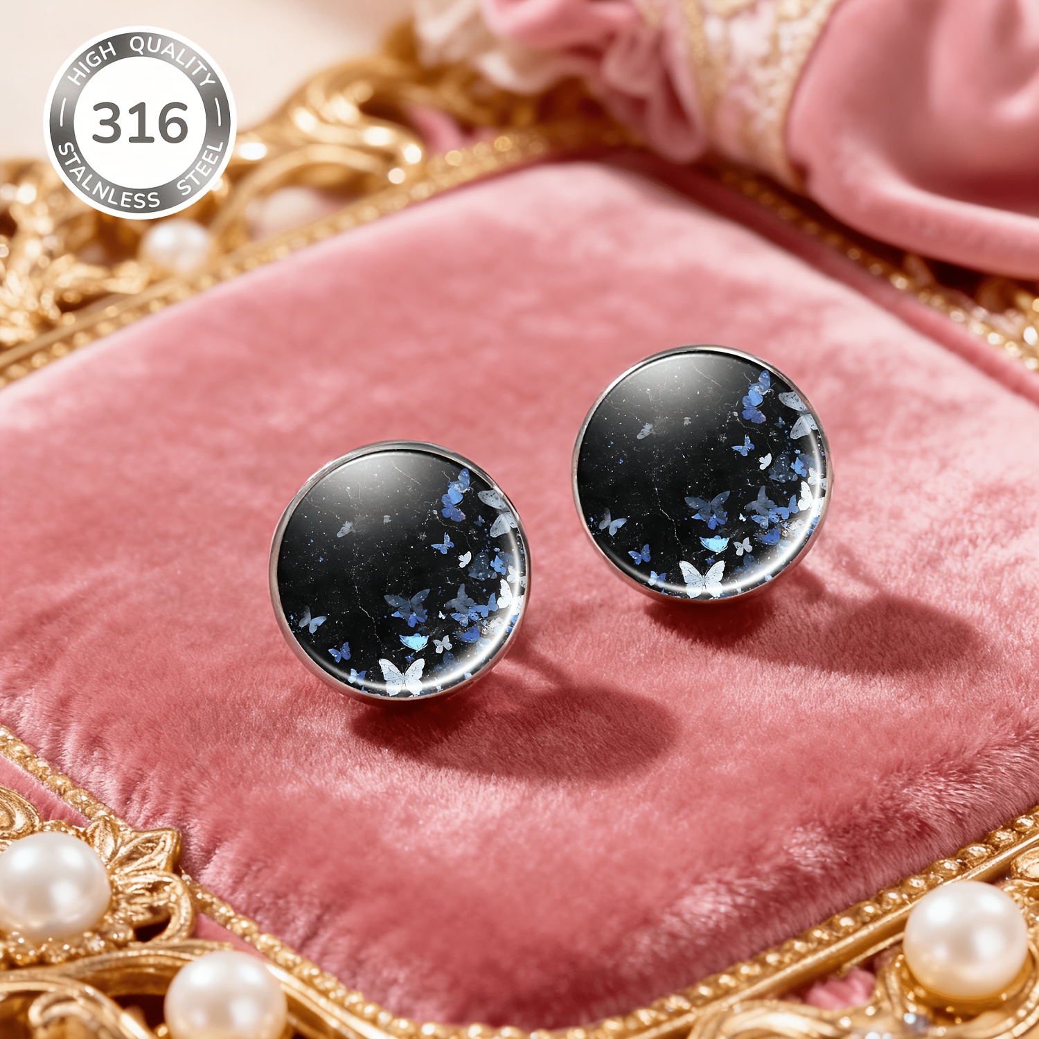 2-Pack Black Marble Butterfly Pattern Round Stud Earrings